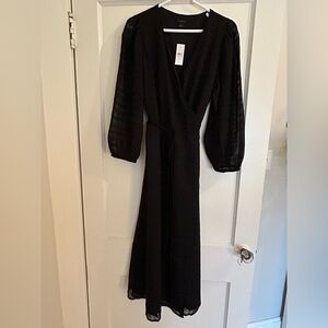 Ann Taylor NWT black midi wrap dress with v-neck, puffy sheer sleeves, size 10